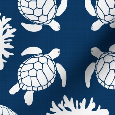 Sea Turtles on Blue Linen Texture