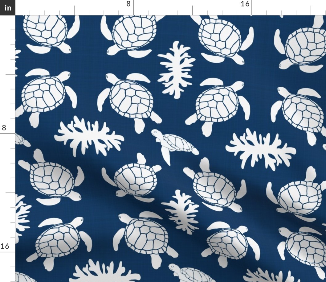 Sea Turtles on Blue Linen Texture