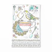 Afternoon Tea Kitchen Towel - Watercolor Bird & Teacup