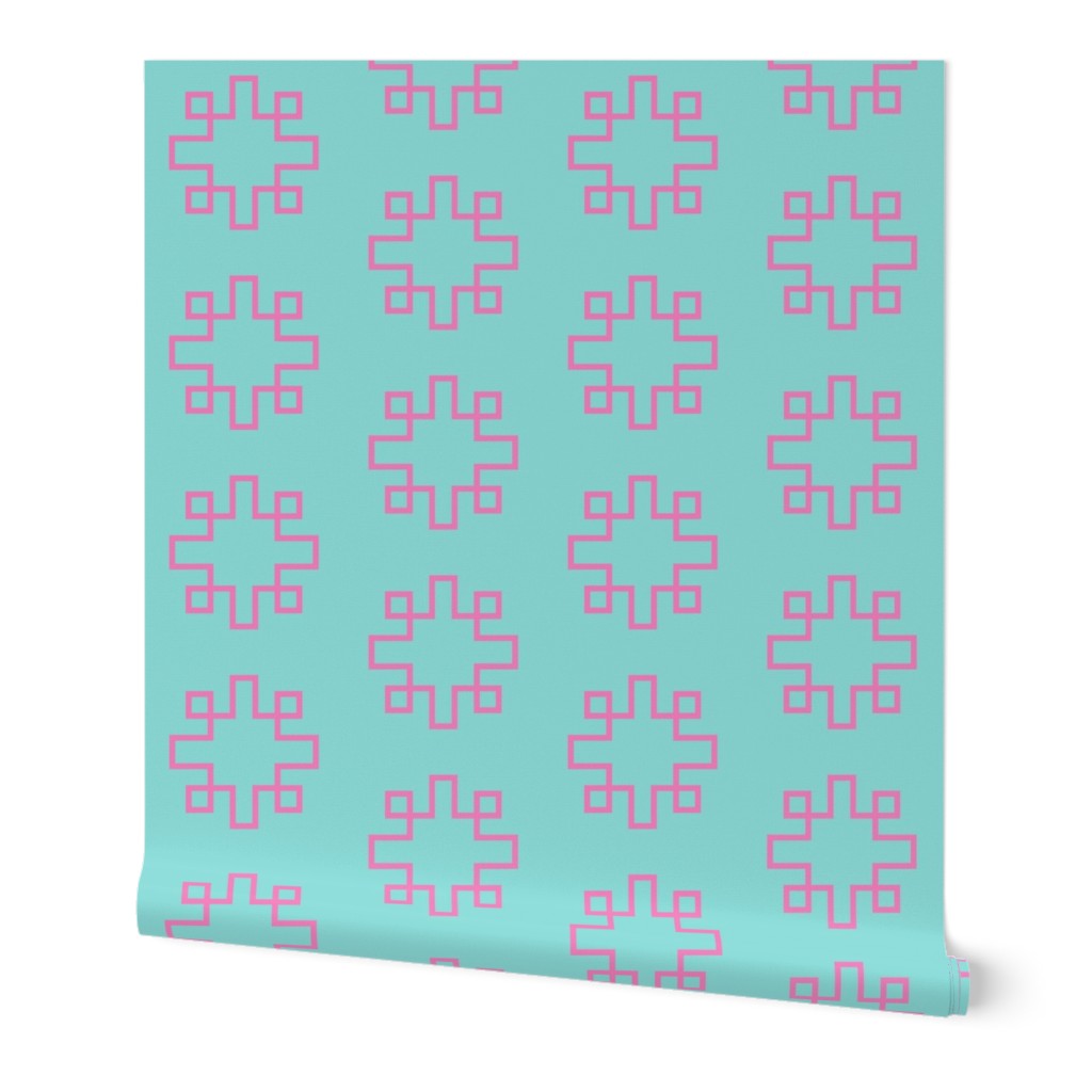 Greek Key squares turquoise and pink