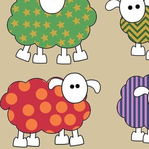 patterned sheep on beige, making big eyes at you