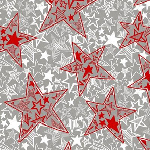 Patterned stars within stars (red, white on grey)