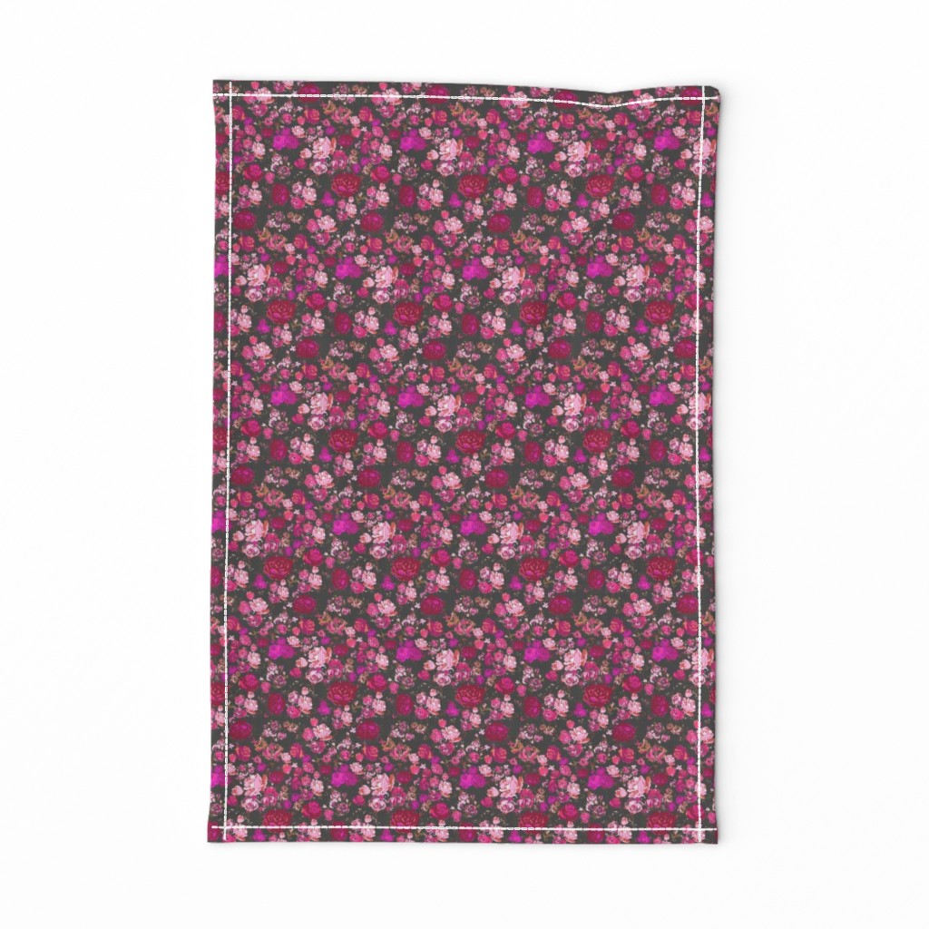 SMALL PRINT Vintage Floral with Hot Pink and Baby Pink on Grey