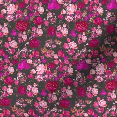 SMALL PRINT Vintage Floral with Hot Pink and Baby Pink on Grey