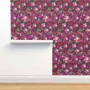 SMALL PRINT Vintage Floral with Hot Pink and Baby Pink on Grey