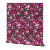 SMALL PRINT Vintage Floral with Hot Pink and Baby Pink on Grey