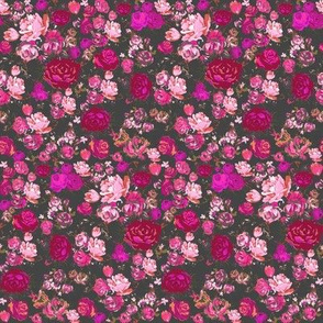 SMALL PRINT Vintage Floral with Hot Pink and Baby Pink on Grey