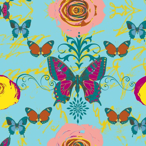 Butterflies and Roses on Turquoise