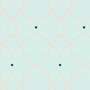 Tiffany trellis one in very light seafoam, light tan and navy blue.