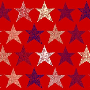 Abstract stars purple, cream and white on red