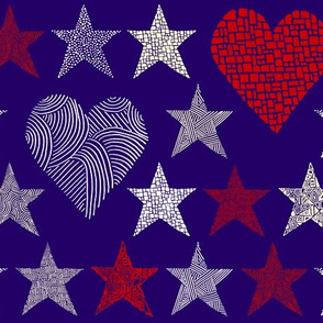 Abstract stars and large hearts, purple background