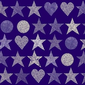 abstract stars & hearts white, cream, grey on purple