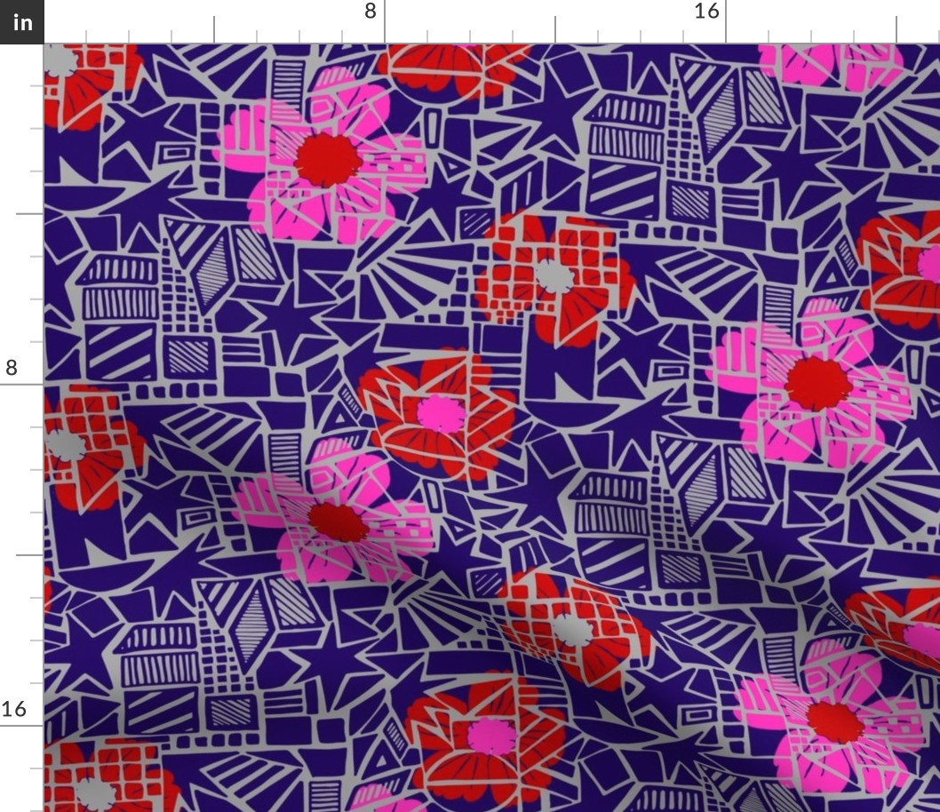 Flowers on abstract background - pink, red, purple on grey