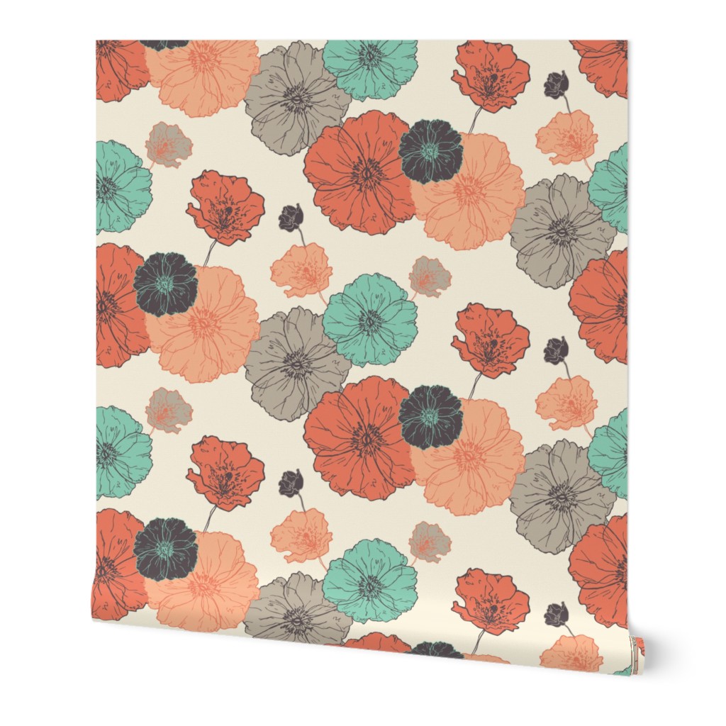 Poppies Floral - Coral Navy Mint on Cream