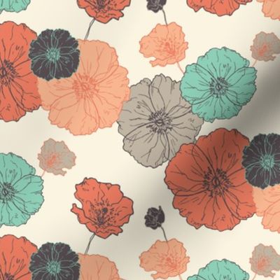 Poppies Floral - Coral Navy Mint on Cream