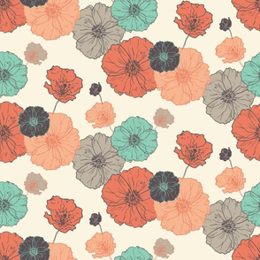 Poppies Floral - Coral Navy Mint on Cream