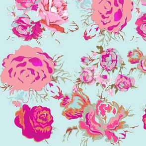 Vintage Rose Floral in Mint, Fuchsia, Magenta, & Blush