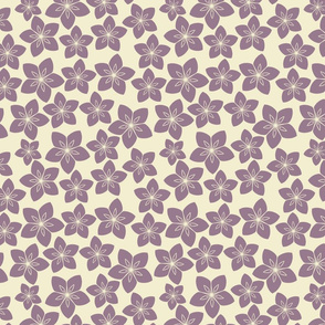 Stylized mauve flowers with intricate centers bloom across a soothing taupe backdrop, radiating calm elegance.
