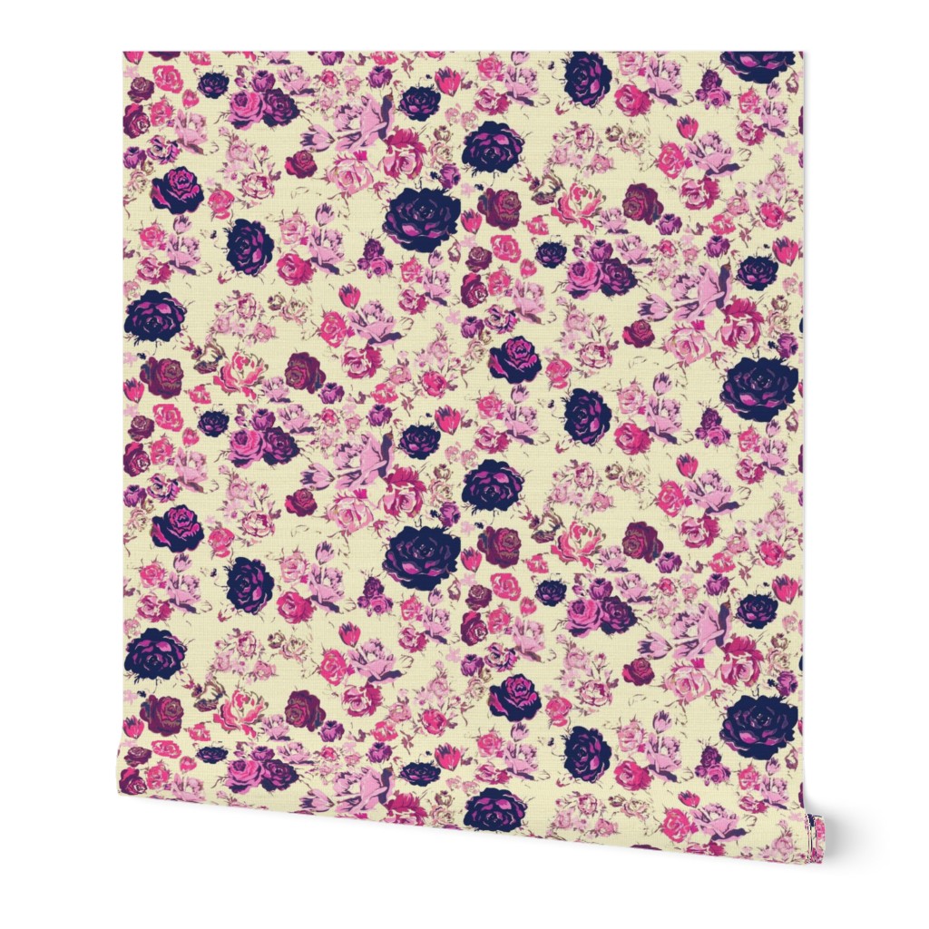 Vintage Floral in Navy and Pink on Ivory