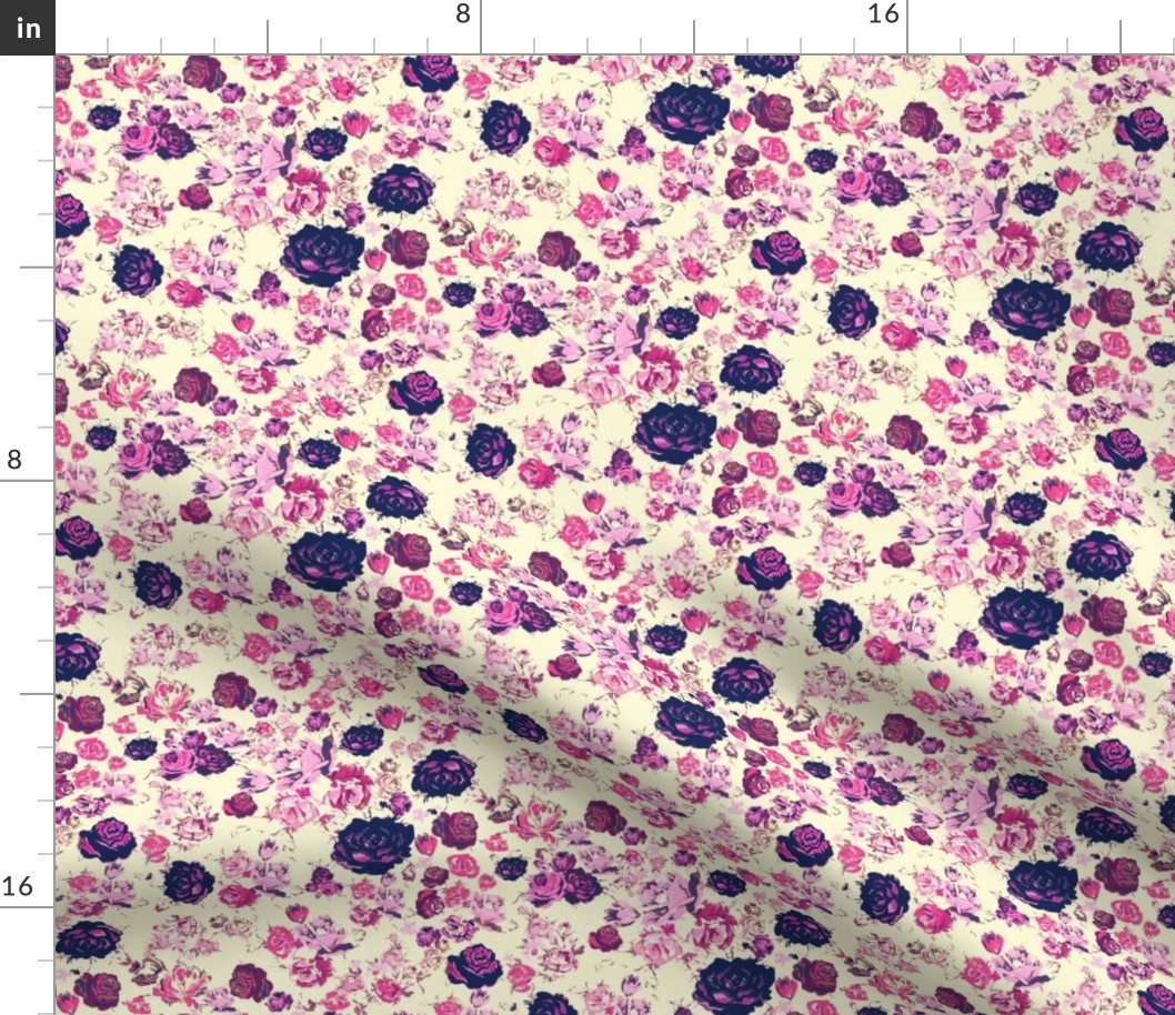 Vintage Floral in Navy and Pink on Ivory