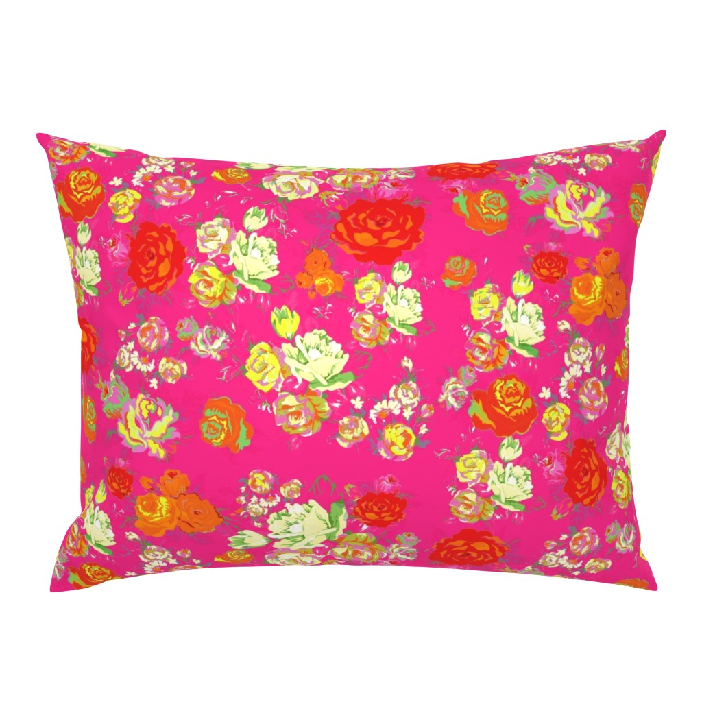 Vintage Floral on Hot Pink with cream, yellow, red, and orange.