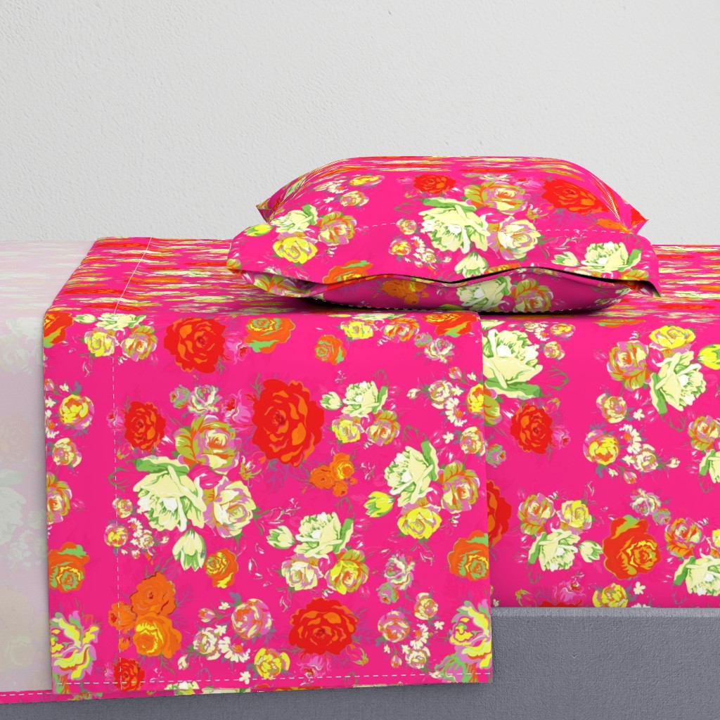 Vintage Floral on Hot Pink with cream, yellow, red, and orange.