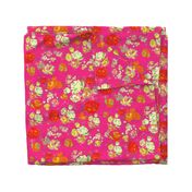 Vintage Floral on Hot Pink with cream, yellow, red, and orange.