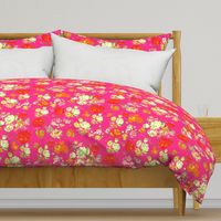 Vintage Floral on Hot Pink with cream, yellow, red, and orange.