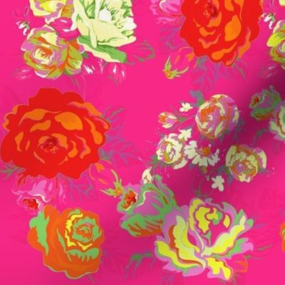 Vintage Floral on Hot Pink with cream, yellow, red, and orange.