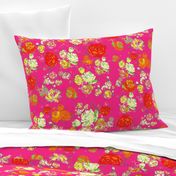 Vintage Floral on Hot Pink with cream, yellow, red, and orange.