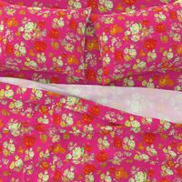 Vintage Floral on Hot Pink with cream, yellow, red, and orange.