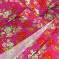 Vintage Floral on Hot Pink with cream, yellow, red, and orange.