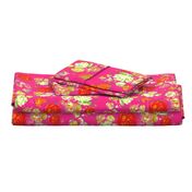 Vintage Floral on Hot Pink with cream, yellow, red, and orange.