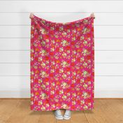 Vintage Floral on Hot Pink with cream, yellow, red, and orange.