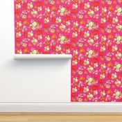 Vintage Floral on Hot Pink with cream, yellow, red, and orange.