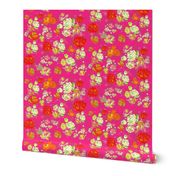 Vintage Floral on Hot Pink with cream, yellow, red, and orange.