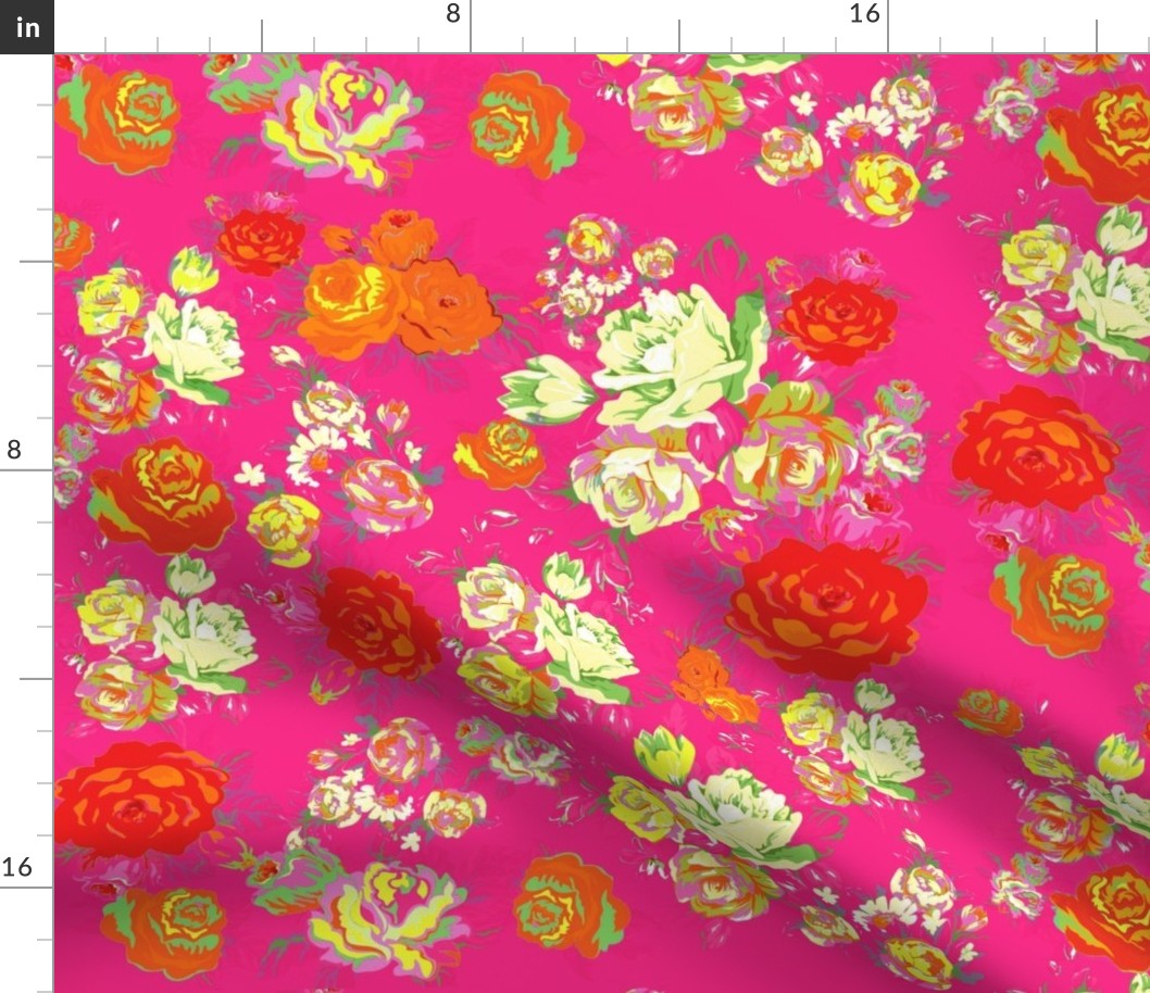 Vintage Floral on Hot Pink with cream, yellow, red, and orange.