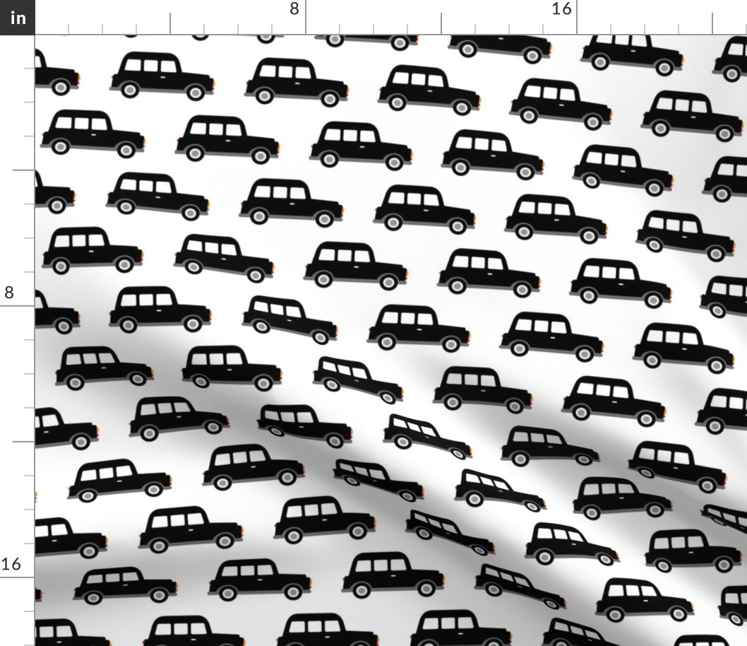 London black cab taxi boys car black and white retro