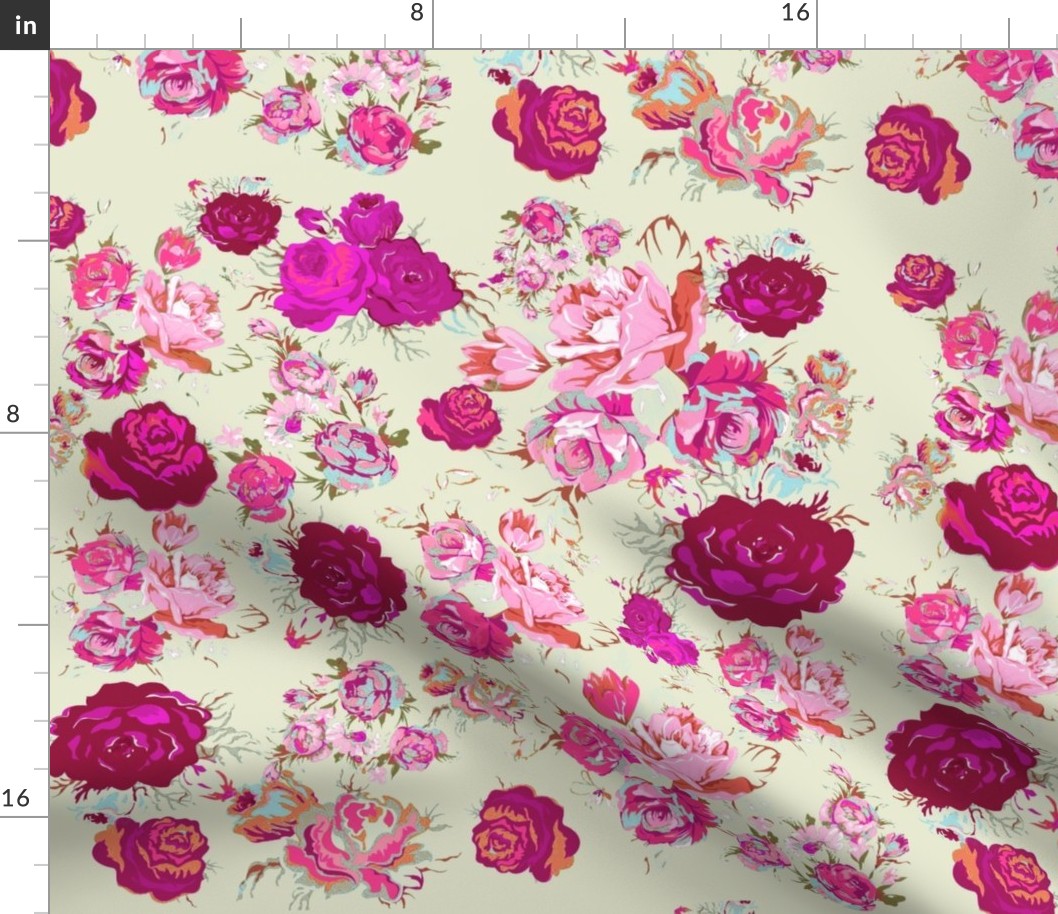 Beautiful Vintage Floral Print in Magenta, Coral and Mint.