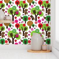 Deer owl sitting in a tree colorful summer woodland design for kids