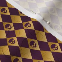 distressed purple and gold harlequin skull