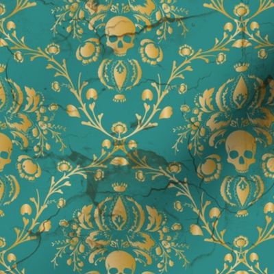 Teal Skull Damask 