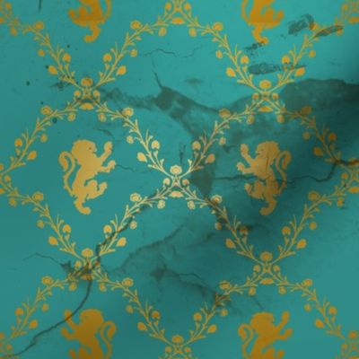 Lion Damask in teal and gold, distressed