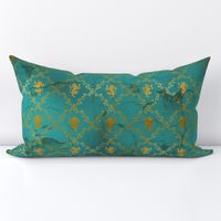 Lion Damask in teal and gold, distressed