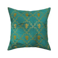 Lion Damask in teal and gold, distressed