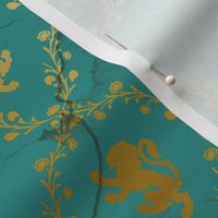 Lion Damask in teal and gold, distressed