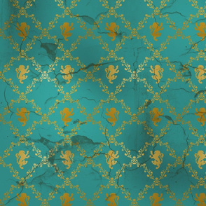 Lion Damask in teal and gold, distressed