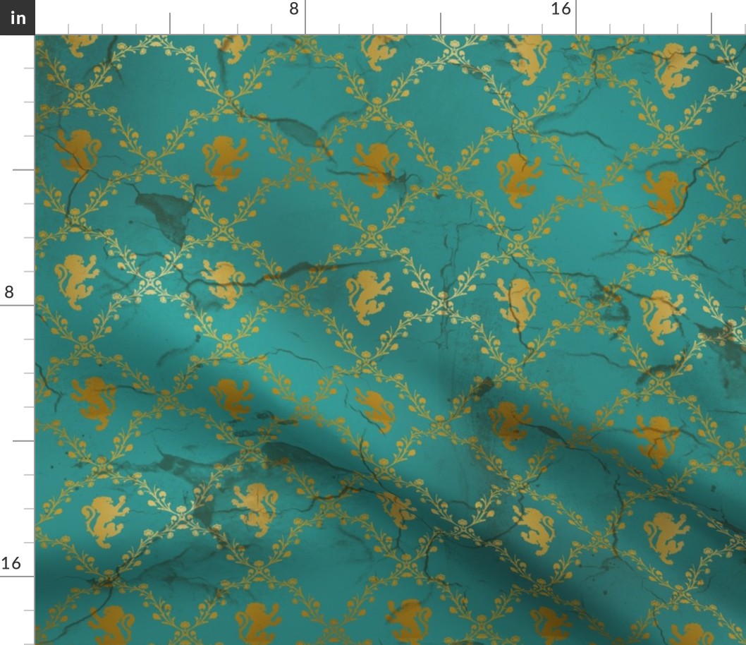 Lion Damask in teal and gold, distressed