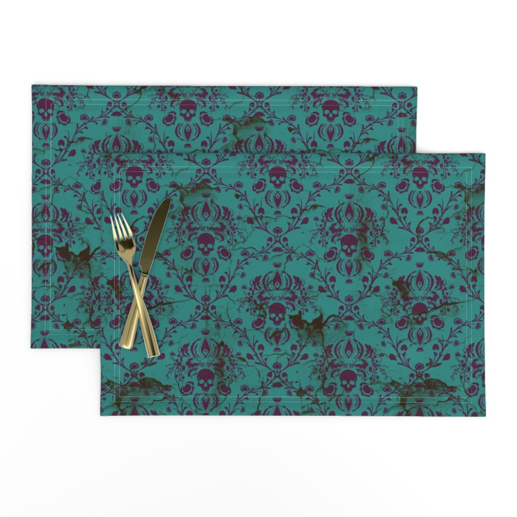 Purple on Teal Damask Skull Distressed