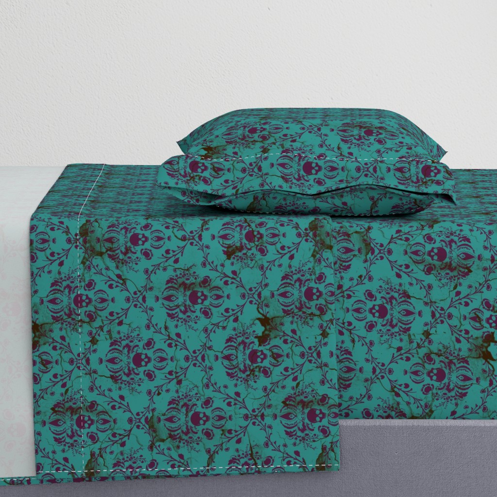 Purple on Teal Damask Skull Distressed